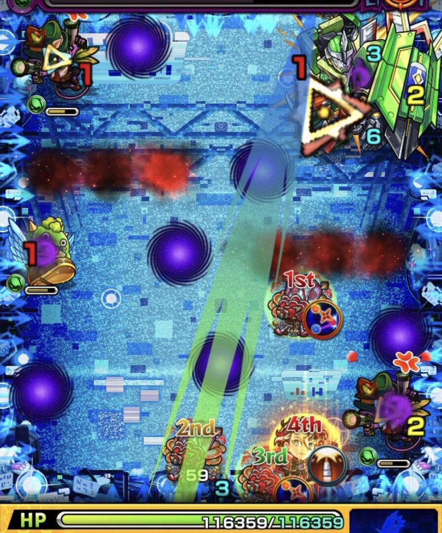 ステージ1でダメージスモッグに触れてHP調整し、はやリンで回復しながらペンシルベースの弱点を攻撃して突破した場面