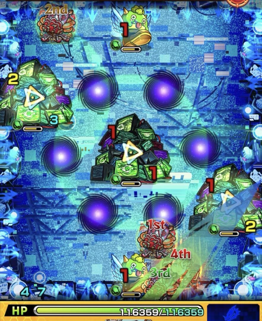 ステージ2で右のPC3G弱点からはやリンを経由し、左のPC3G弱点を攻撃して全体にダメージを与えた場面