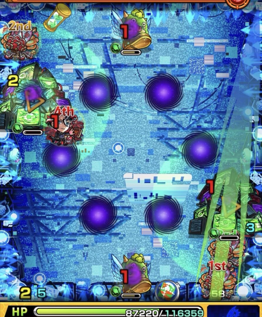 ステージ2で右のPC3Gの弱点を攻撃し、はやリンで回復しながら撃破して突破した場面