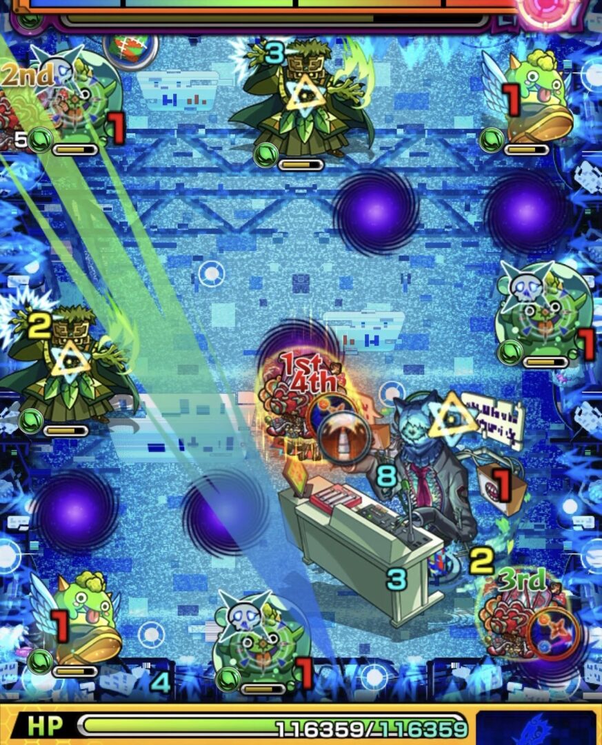 ステージ3で下壁を利用してぷよリン3体と魔導士を同時処理し、クロスドクロ発動で中ボスの弱点効果がアップした場面