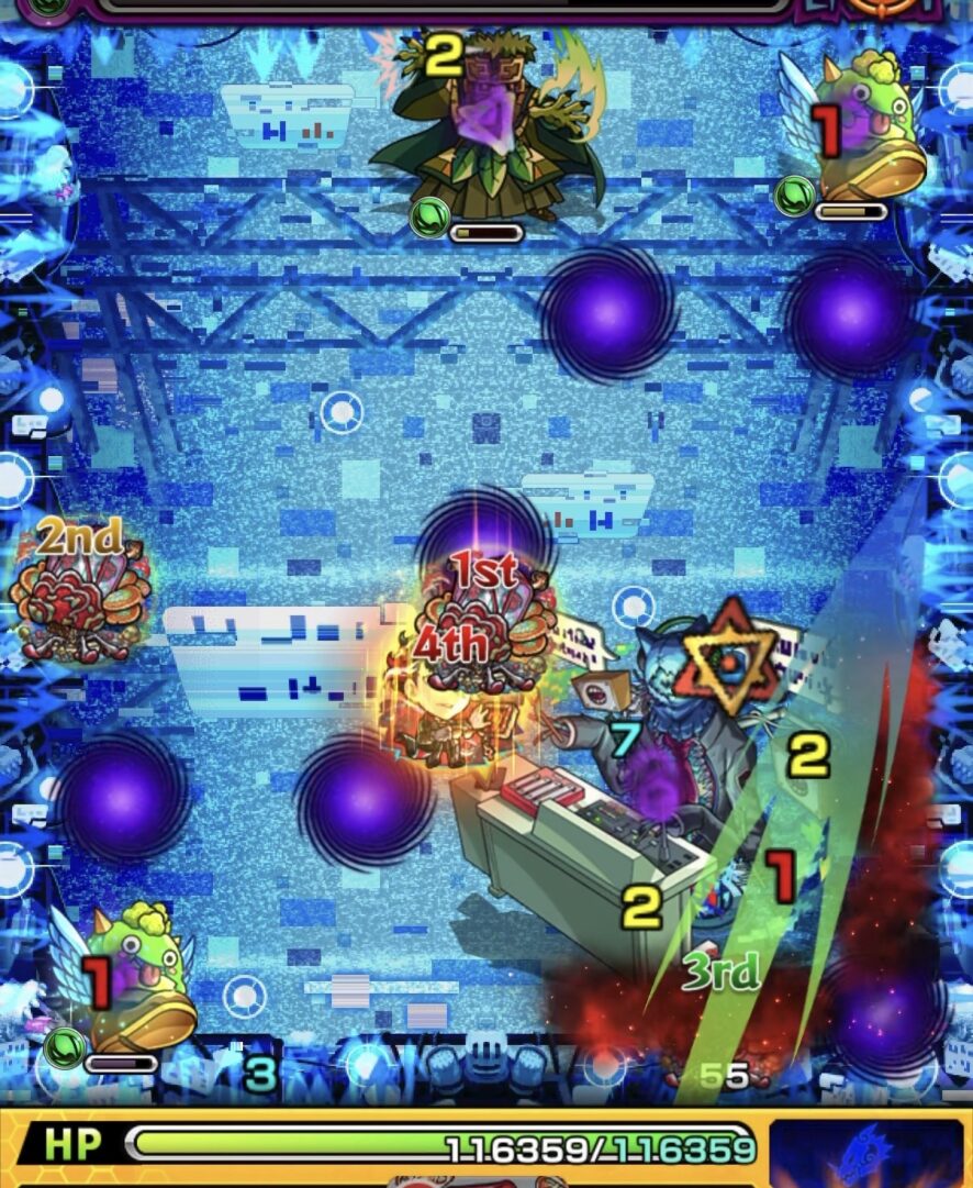 ステージ3でダメージスモッグに触れてHP調整後、はやリンで回復しながら中ボスの弱点を攻撃したがダメージが伸びなかった場面