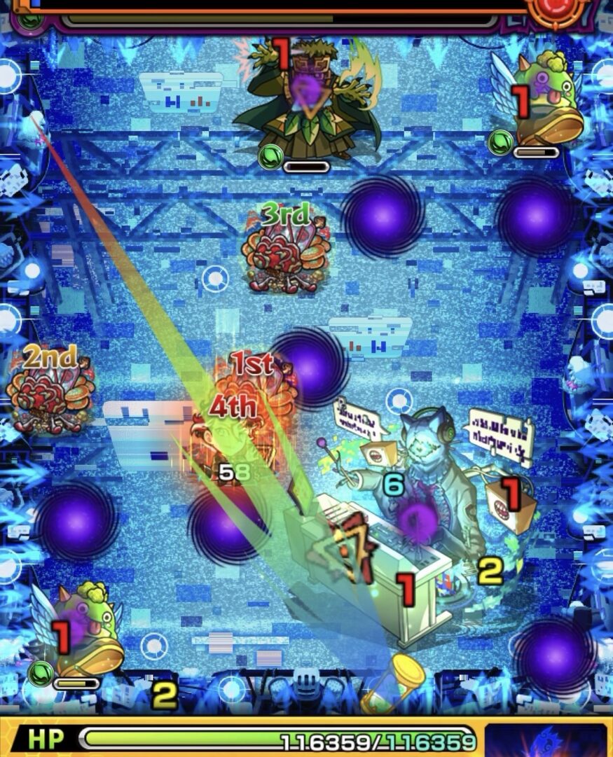 ステージ3で中ボスの弱点を攻撃しつつはやリンで回復し、魔導士を処理しながら中ボスに大ダメージを与えた場面