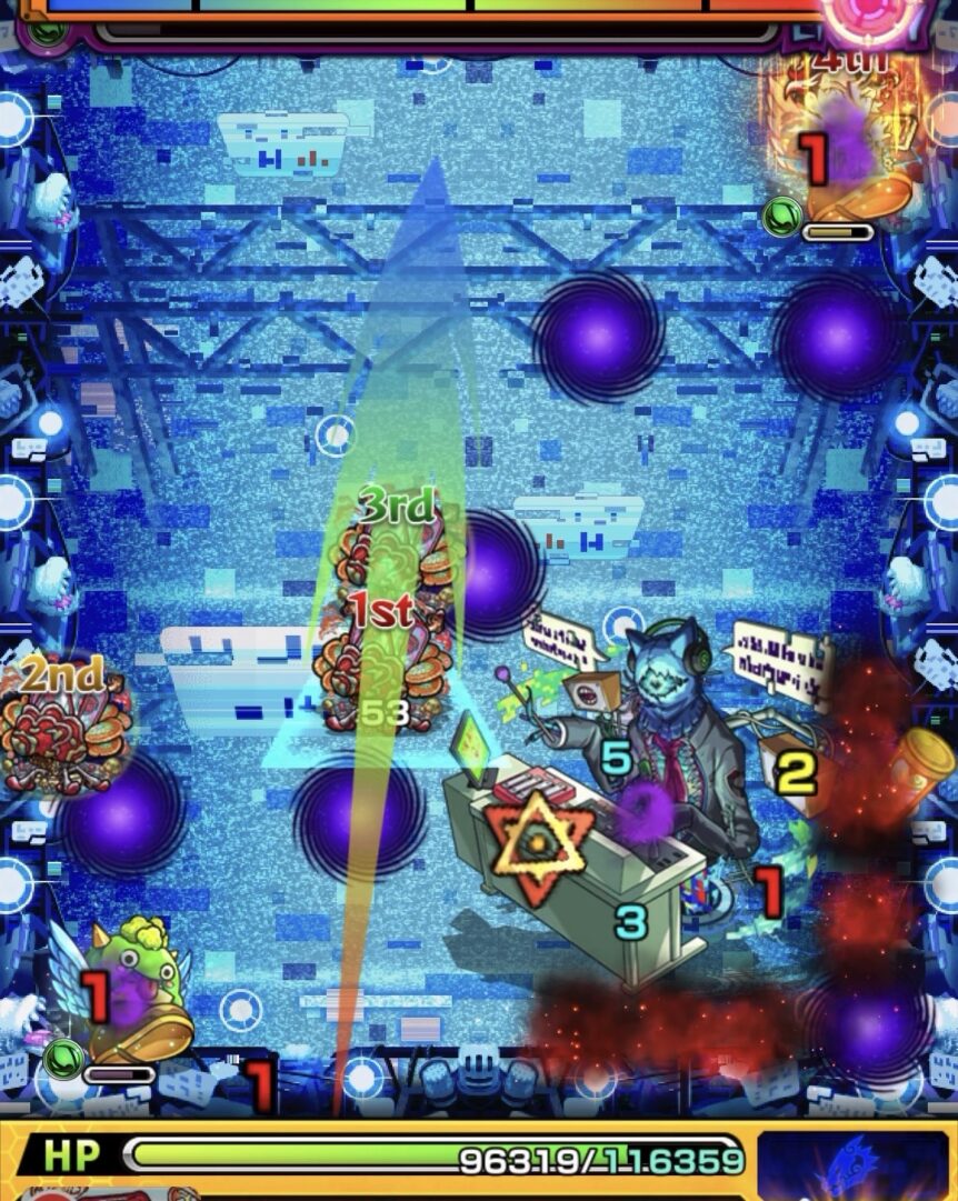 ステージ3で上壁を利用して中ボスの弱点を攻撃し、そのままHPを削り切って突破した場面