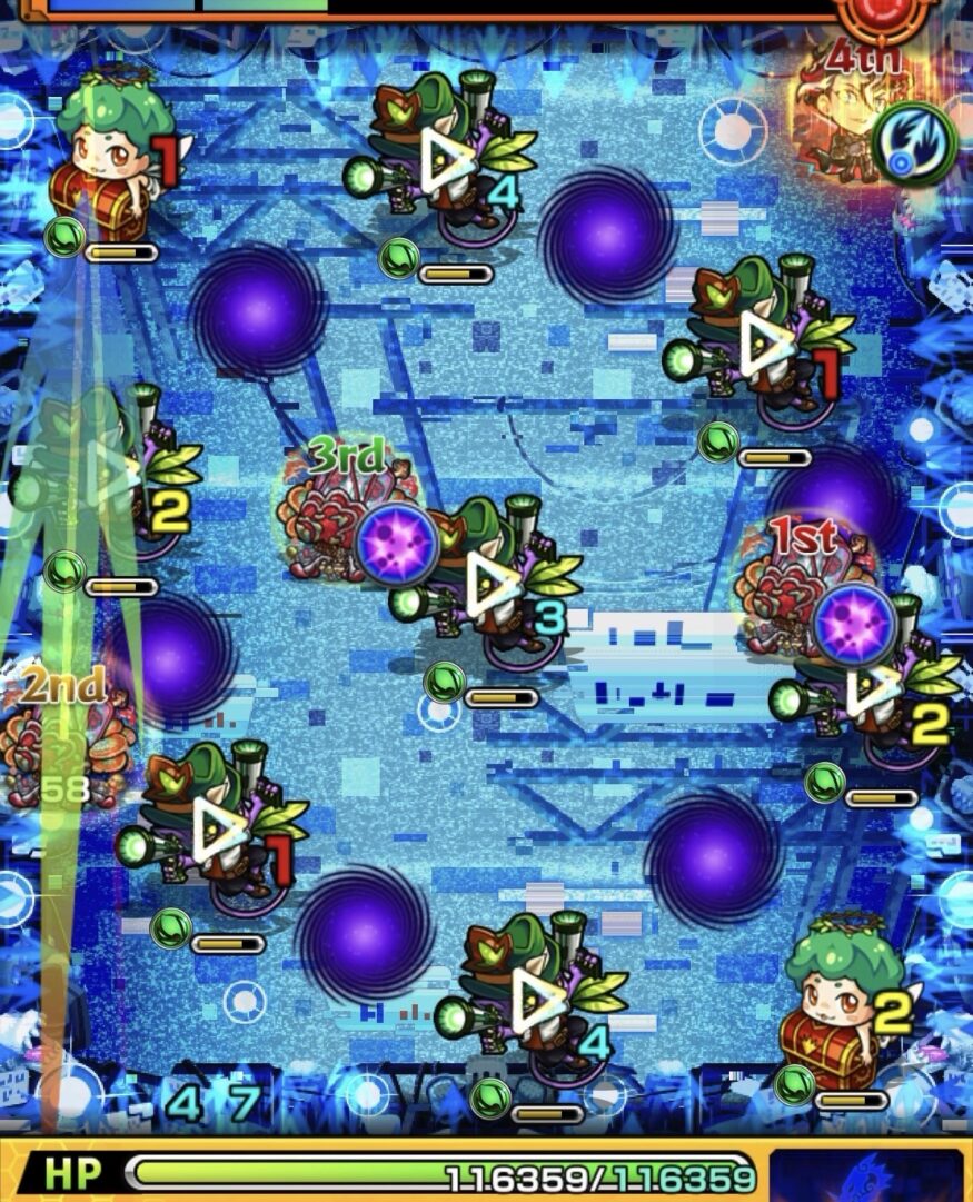 ステージ4で左の天使とガンマンを同時処理し、中サイズのハートを出現させた場面