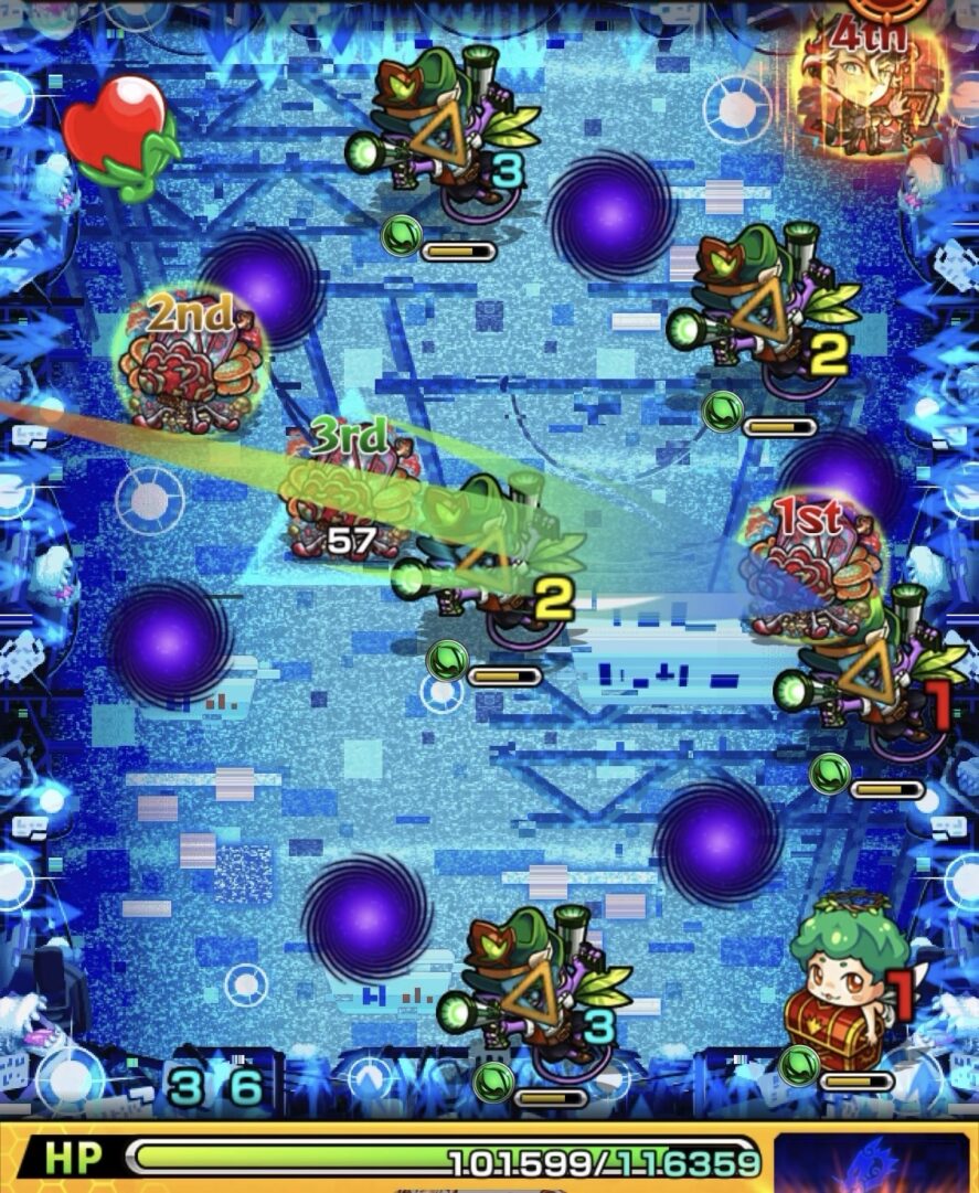 ステージ4で攻撃ターンの短い右のガンマンを優先して攻撃し、ガンマン2体と天使を同時に処理した場面