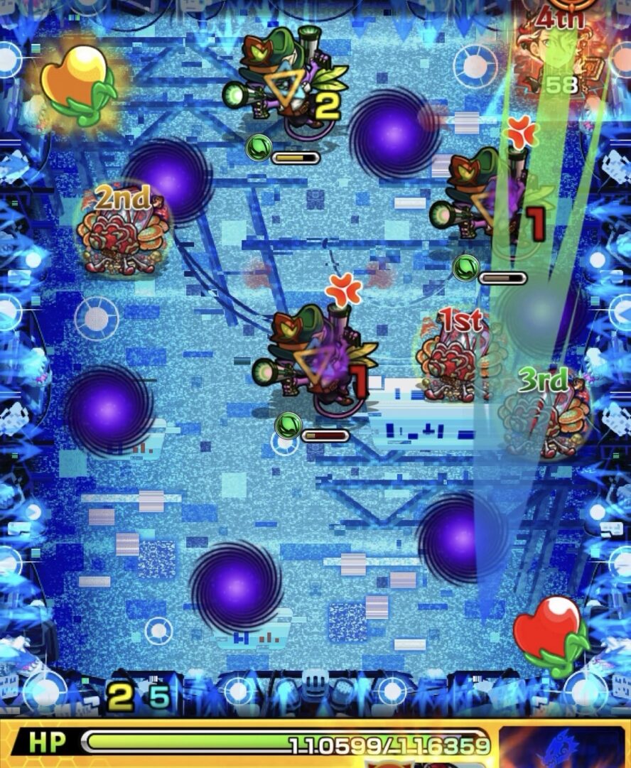 ステージ4で攻撃ターンが1のガンマン2体を同時に攻撃し、そのまま処理した場面