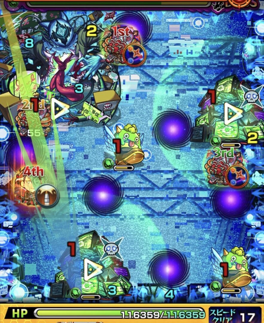 ボス1でPC3Gの弱点を攻撃しつつはやリンで回復し、2体にダメージを与えた場面