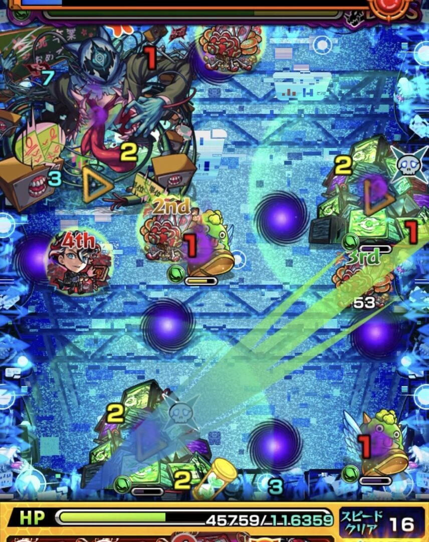 ボス1で下のPC3Gの弱点を攻撃し、はやリンで回復しながら撃破した場面