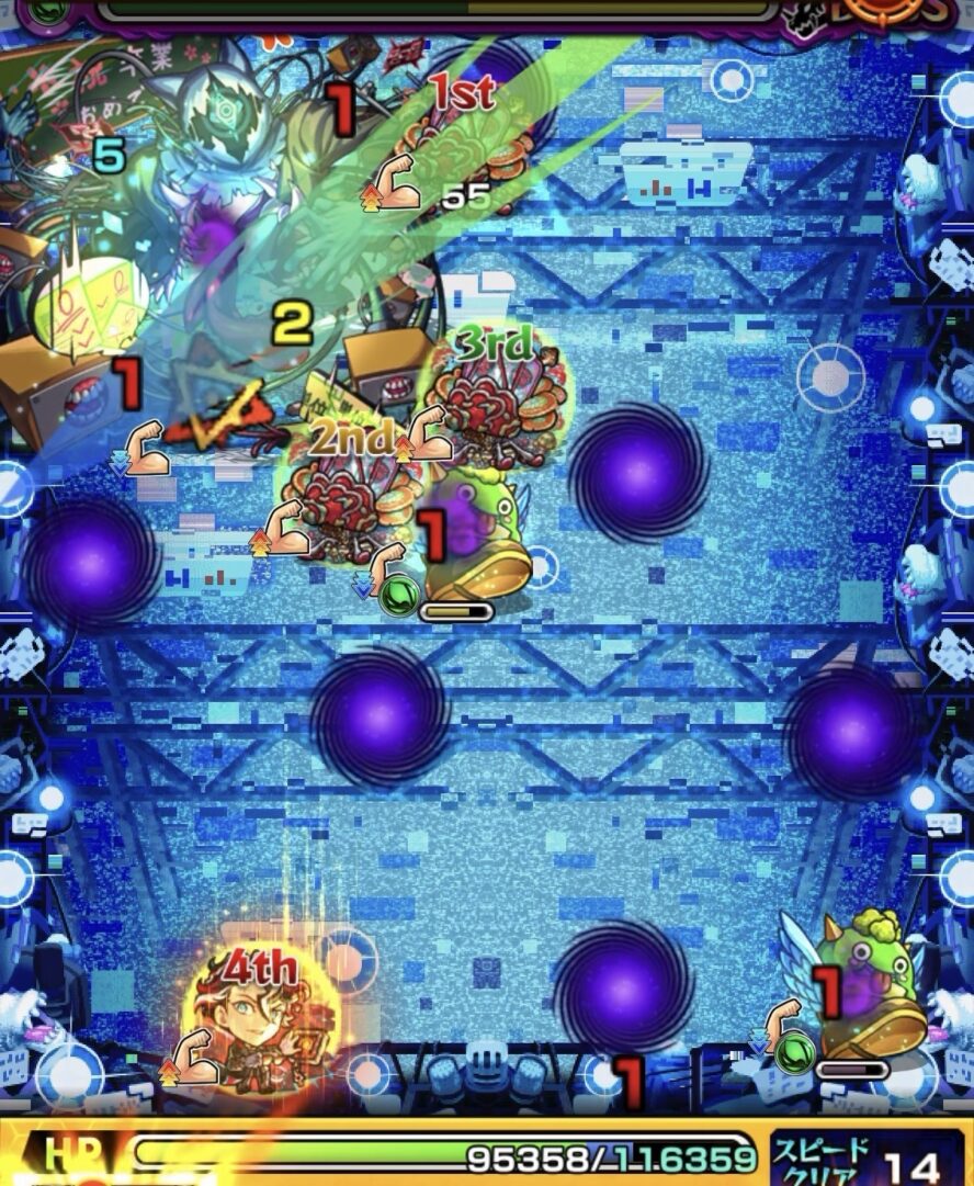 ボス1でボスの弱点を攻撃しつつはやリンで回復し、そのままHPを削り切って突破した場面