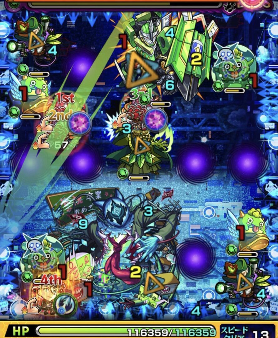 ボス2で左壁反射を利用してぷよリン2体を同時処理し、クロスドクロ発動でペンシルベースとボスの弱点効果がアップした場面