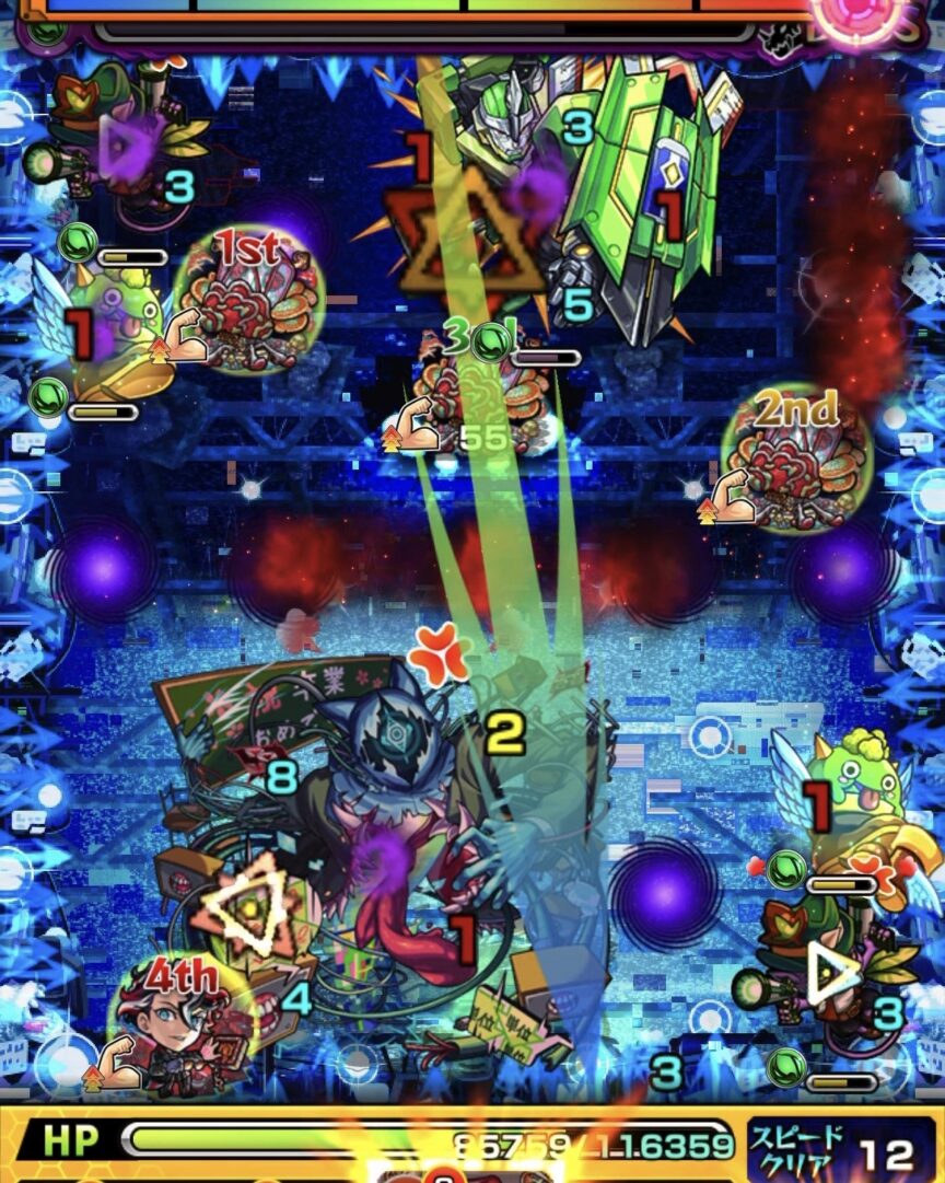 ボス2で下壁からスモッグに触れてHP調整後、はやリンで回復しながらペンシルベースとボスの弱点を攻撃し、ガンマンとペンシルベースを処理した場面