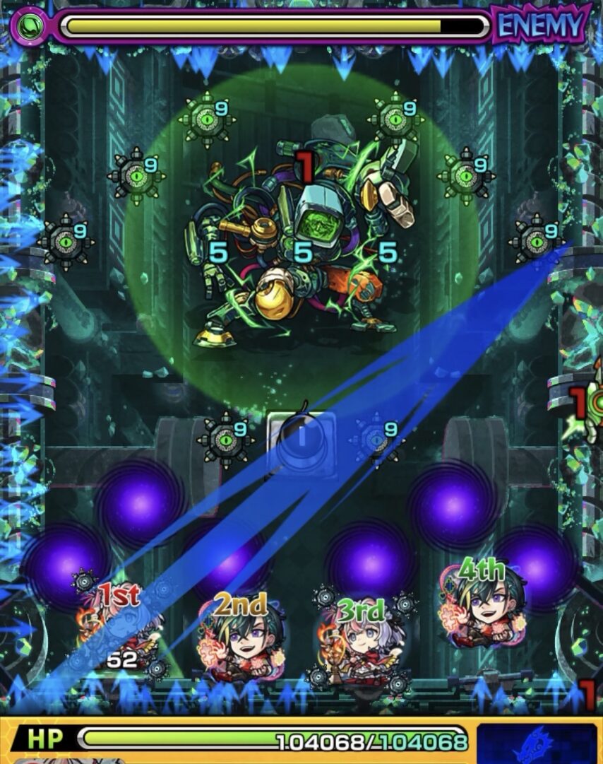 レンジブーストボムをLv5まで強化してPC3Gに付与し、一気にHPを削り切ってステージ1を突破した場面