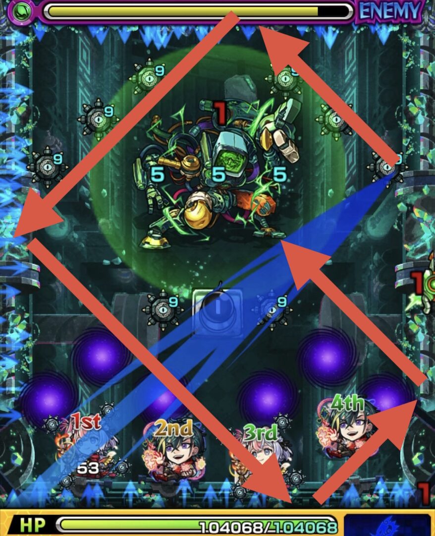 ステージ1の初手で壁に複数回触れて移動距離を稼ぎ、レンジブーストボムを強化するルート例の解説画像