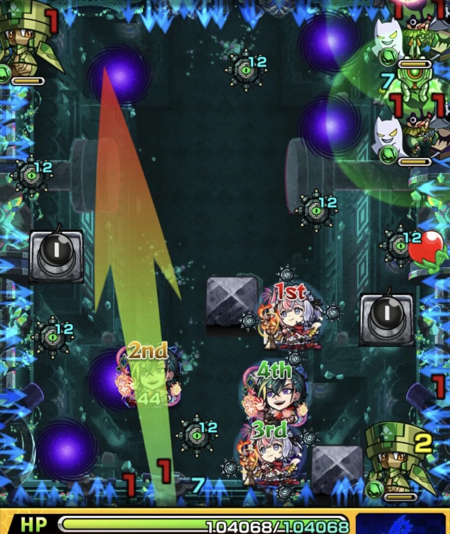 レンジブーストボムをLv5まで強化してビットンに設置し、爆風でピエロ2体を同時処理した場面