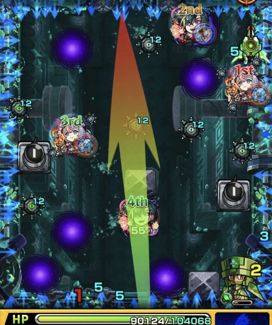 レンジブーストボムをLv5まで強化して右下のハンシャインに設置し処理してステージ2を突破した場面