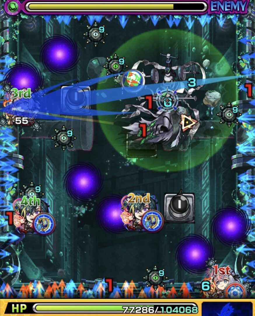 レンジブーストボムをLv5まで強化して中ボスの弱点付近に設置し撃破してステージ3を突破した場面