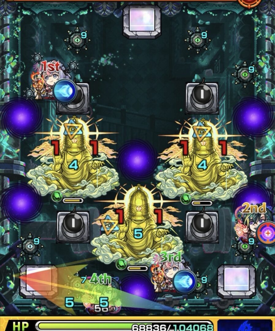 透過パネルでジョヤベルンを操作しレンジブーストボムをLv5まで強化して右側のジョヤベルンを処理した場面