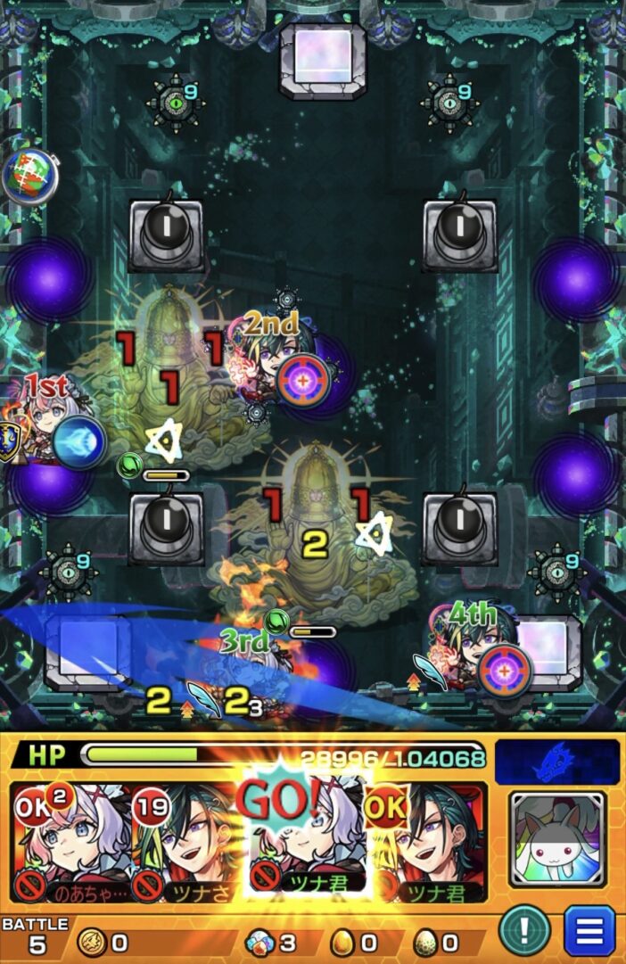 全滅攻撃直前にエリスのSSで遅延しつつレンジブーストボムをLv5まで強化してジョヤベルンを処理した場面