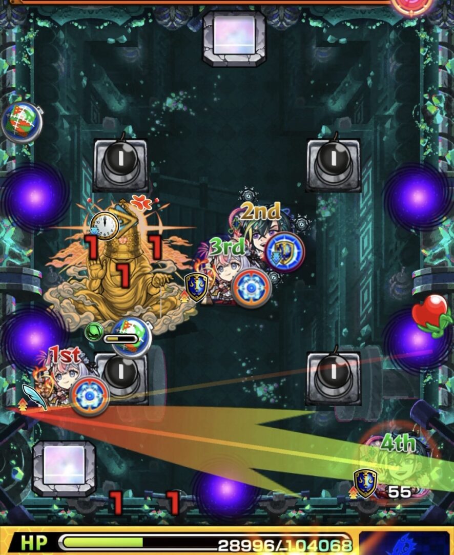 全滅攻撃直前にレンジブーストボムをLv5まで強化してジョヤベルンを処理しステージ5を突破した場面