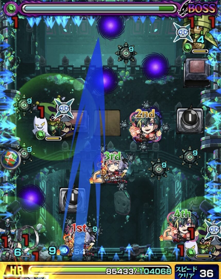 2回ボムを取得して左右にLv5ボムを設置しピエロの同時処理を狙った場面