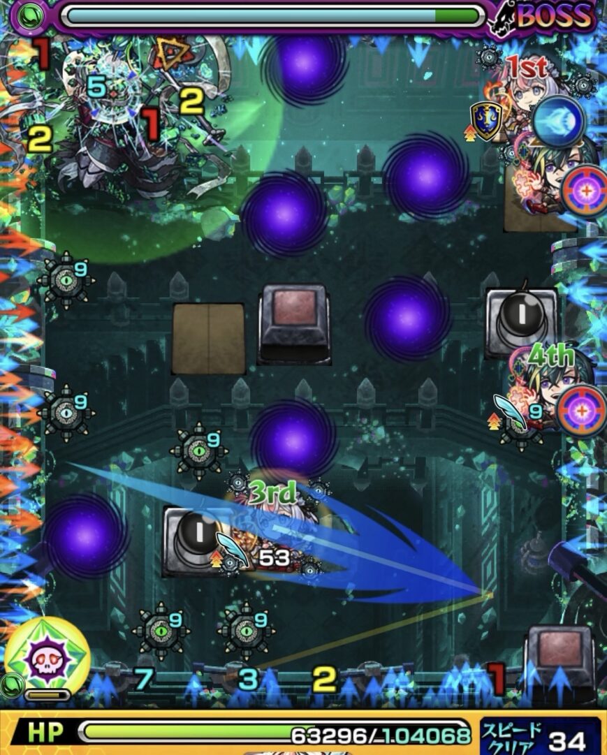 クリスタル破壊後にレンジブーストボムを強化してボス弱点付近に設置し撃破した場面