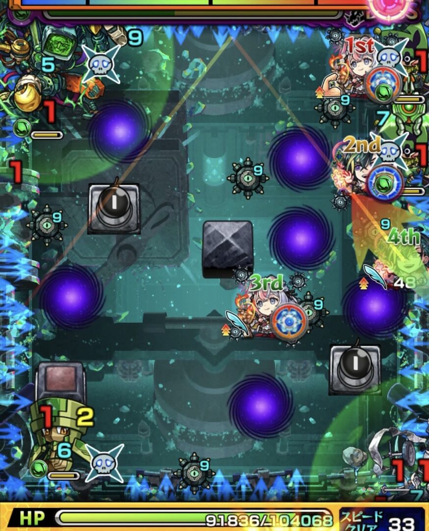 レンジブーストボムをビットンに設置し友情と直殴りでピエロ2体を同時処理した場面