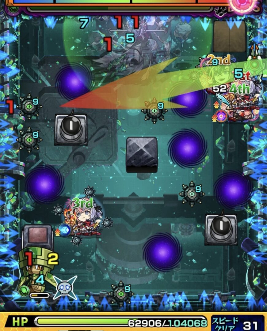 レンジブーストボムをLv5まで強化してハンシャインを処理しクロスドクロ発動でボスが覚醒した場面