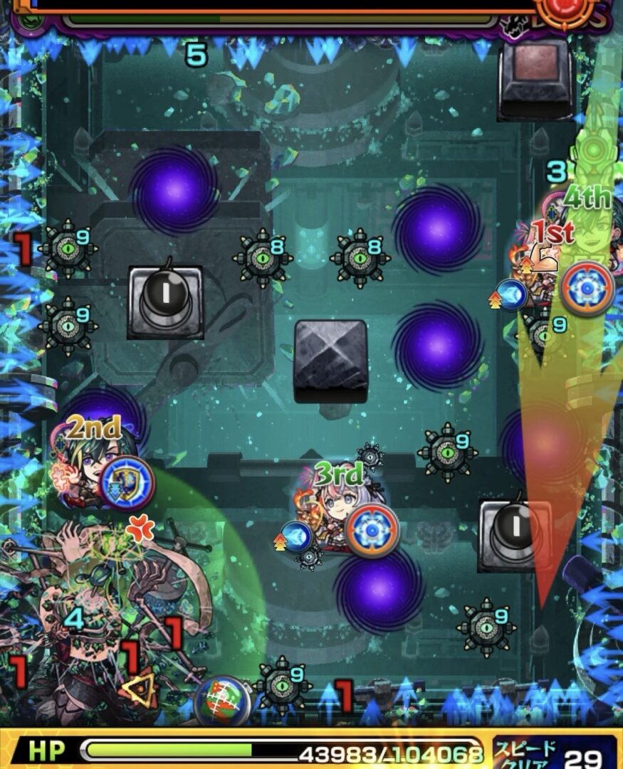 レンジブーストボムをLv5まで強化してボスに設置し大ダメージを与えた場面