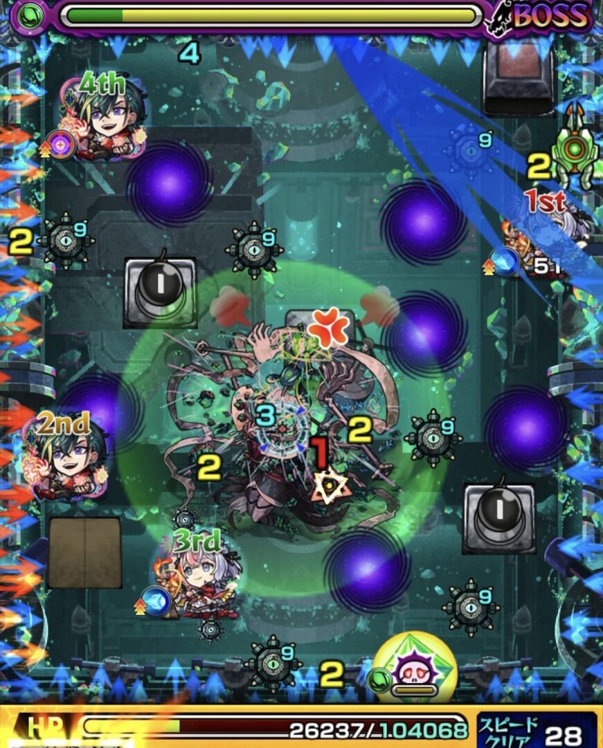 レンジブーストボムをLv5まで強化してボスに設置し撃破してボス2を突破した場面