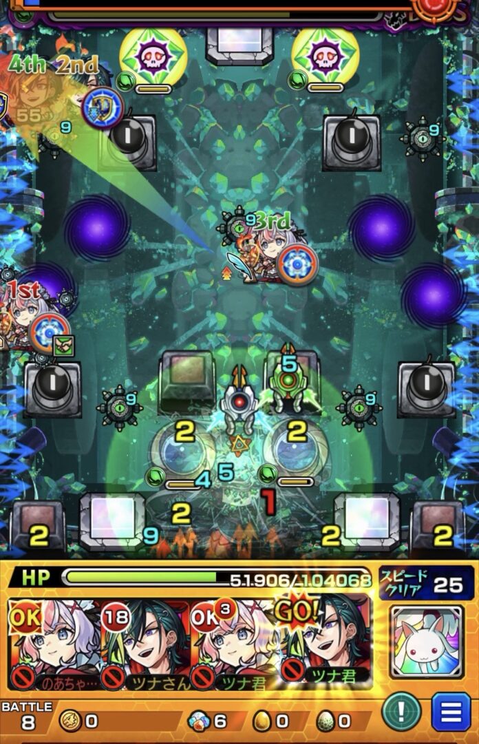 メビウスの2段階SSで攻撃力アップを付与しながらクリスタルを破壊した場面