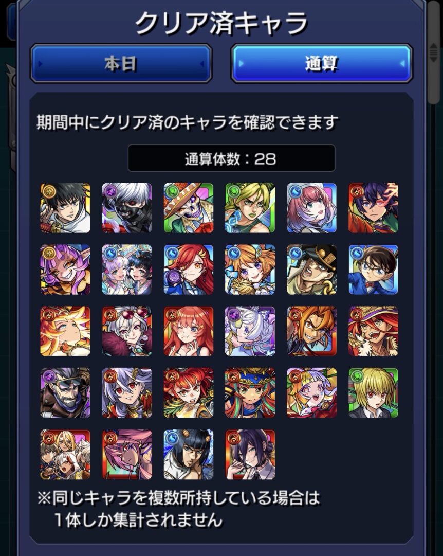 通算クリアキャラ一覧画面。超究極・兵ジャガーノートの通算クリア体数28体と使用キャラの一覧を確認できる画面