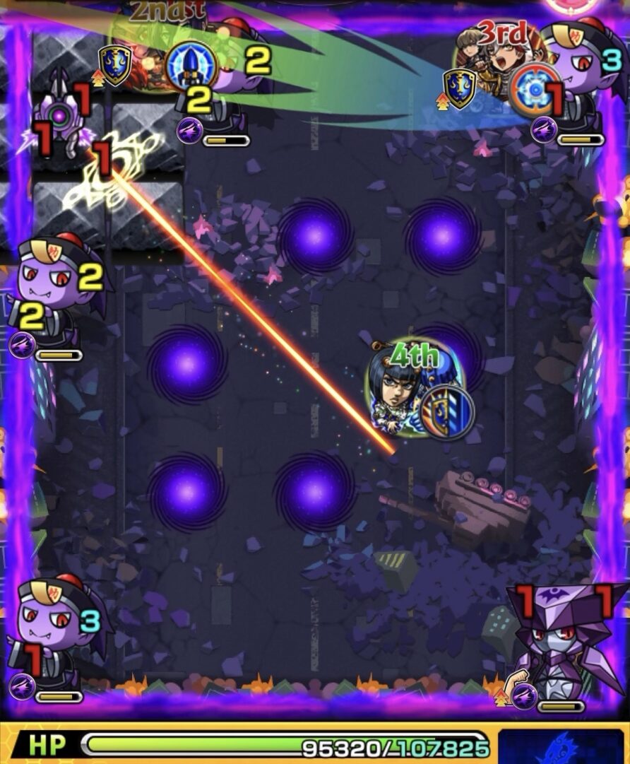 超究極ジャガーノートのステージ2で攻撃力アップバブルを受けてゾンビ2体を処理するも蘇生と強化されたハンシャインの攻撃で大ダメージを受けた場面