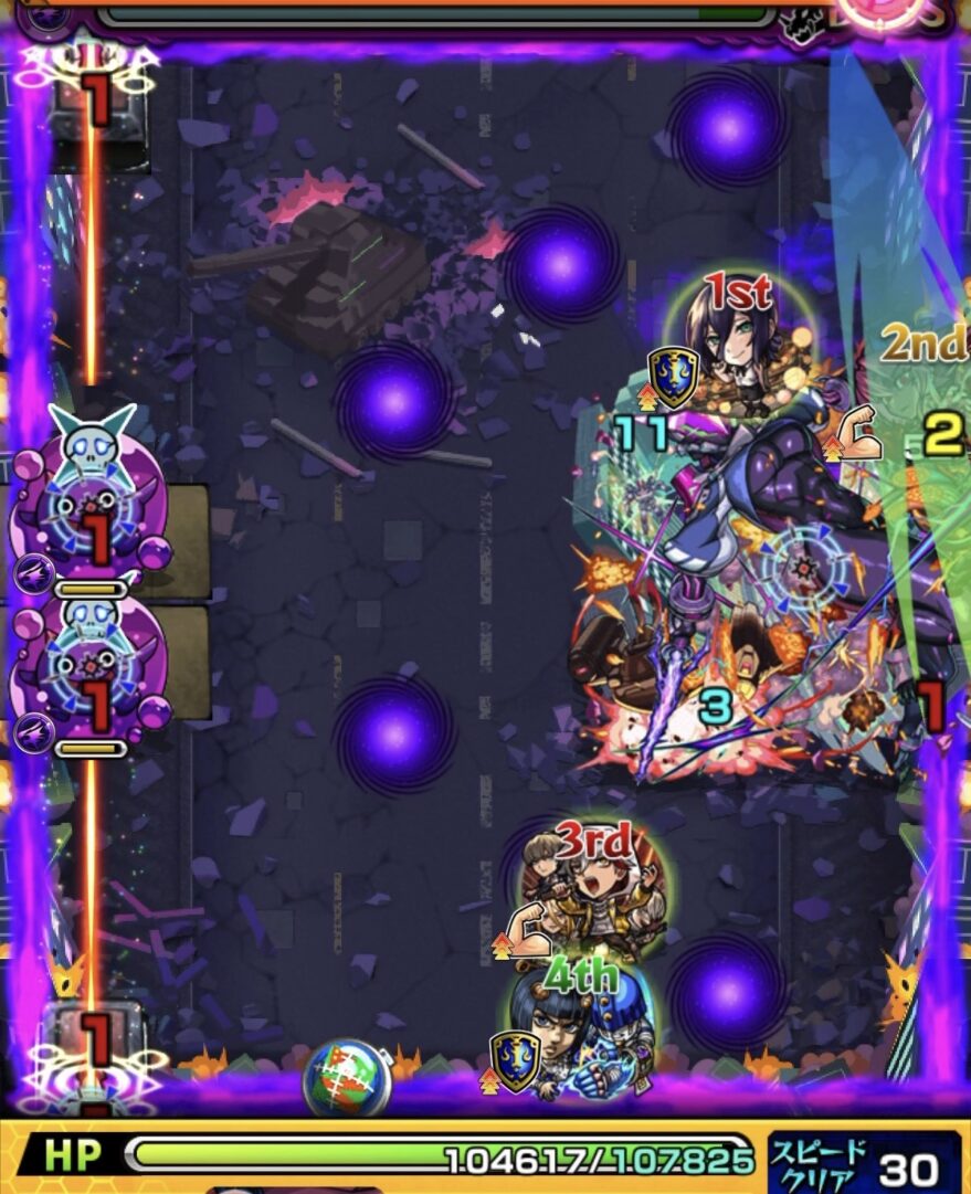 超究極ジャガーノートのボス1で攻撃力アップ状態のブレイクが加速を利用してぷよリンを処理しボスにダメージを与え弱点出現させた場面