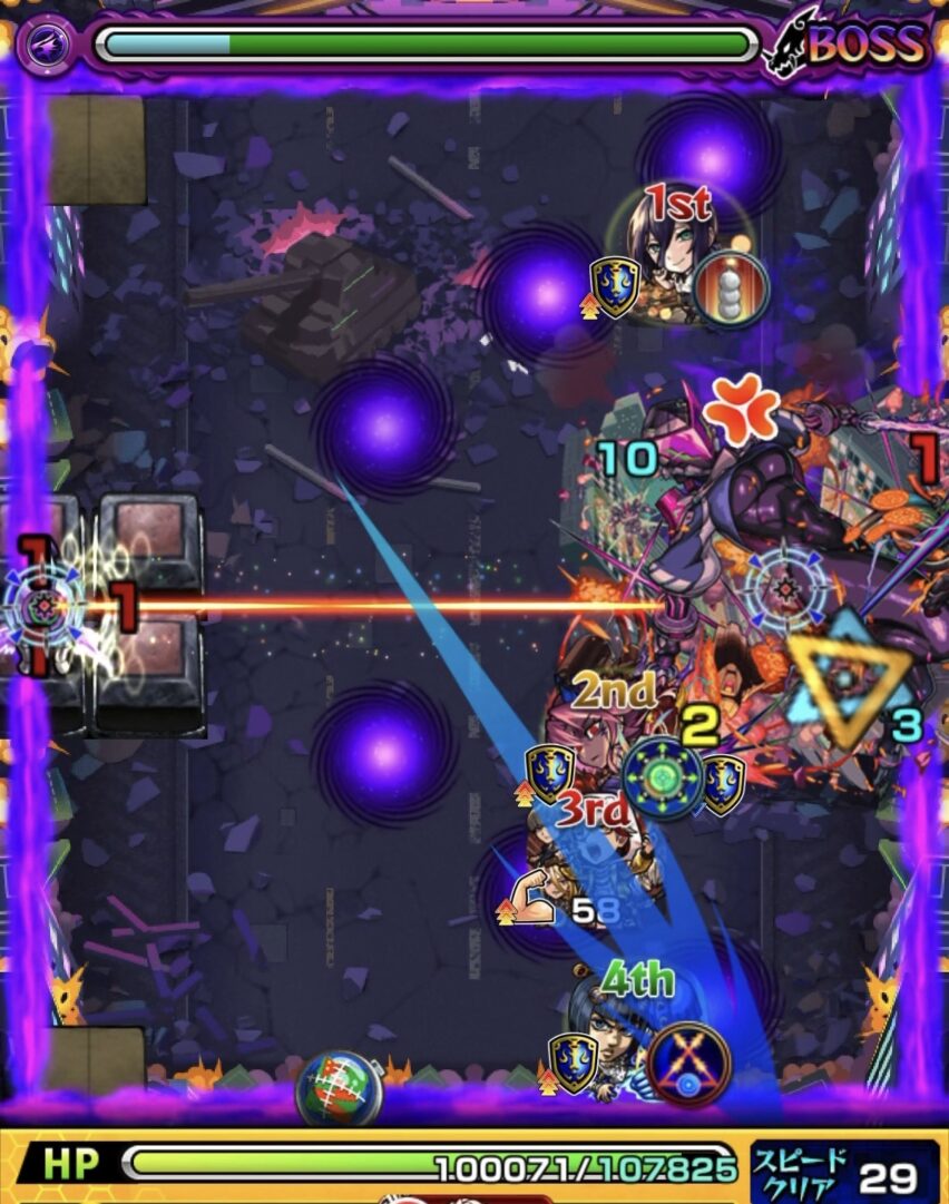 超究極ジャガーノートのボス1で攻撃力アップ状態のカルマロックスターが加速を利用して弱点を攻撃しボスを撃破した場面