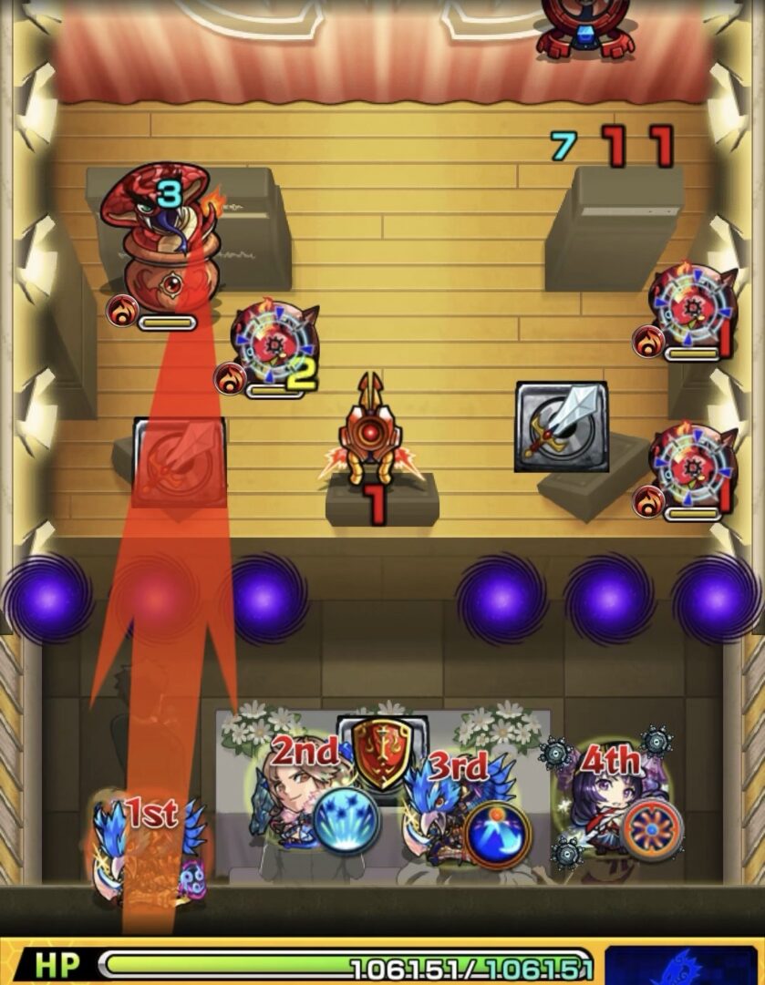 ステージ1初手で剣と盾を回収しながらかちリン3体を同時処理した場面