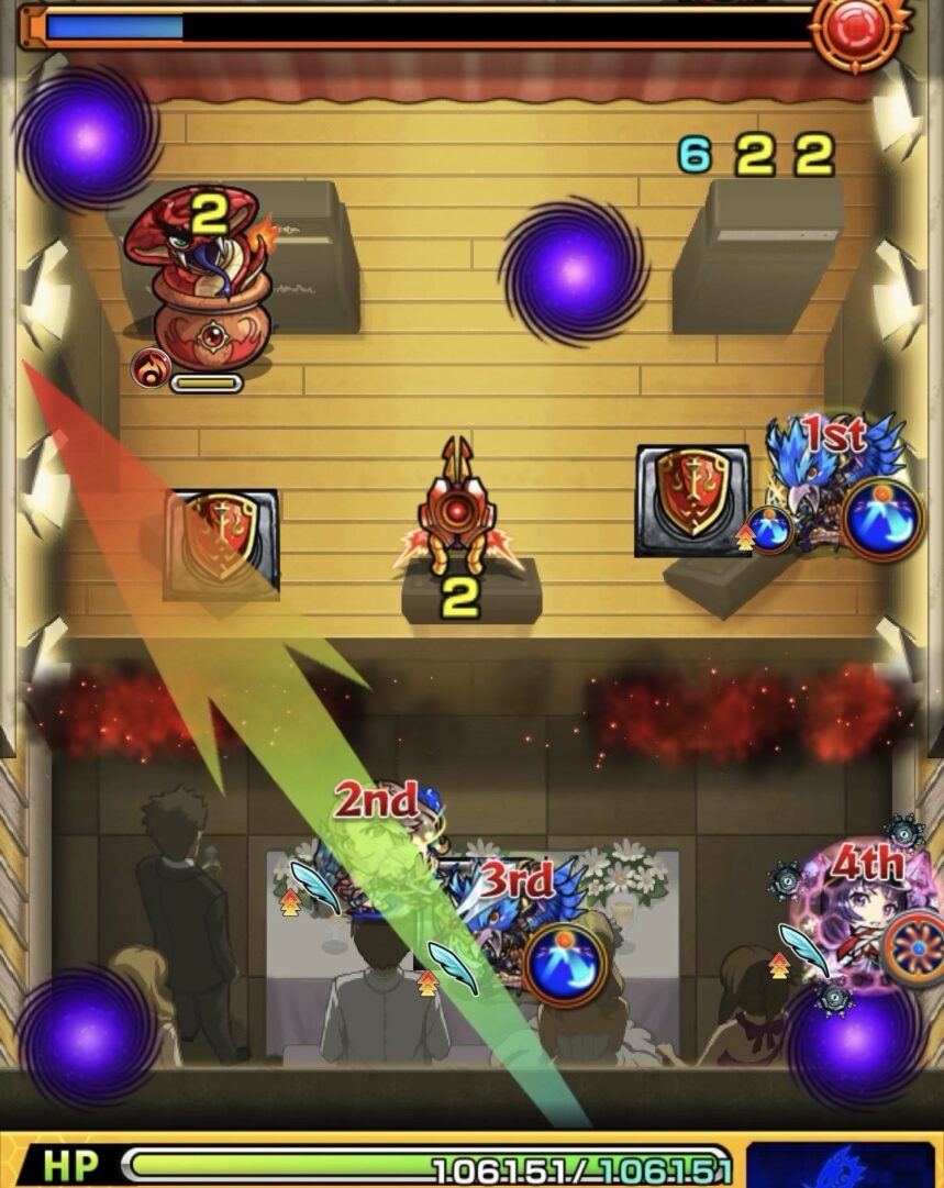 ステージ1の2手目で盾状態からダメージスモッグを消しつつ剣と盾を回収してコブラを倒した場面