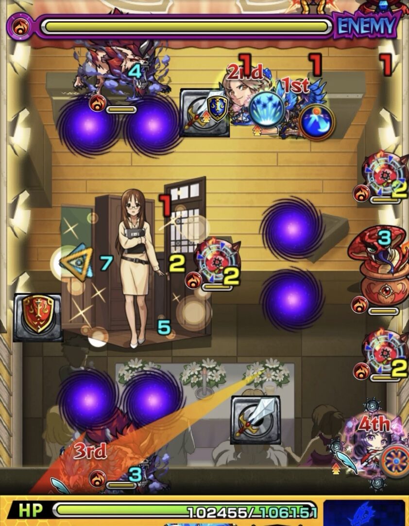 ステージ2初手で左壁反射を使い剣と盾を回収しつつオオカミとかちリンを1体ずつ処理した場面