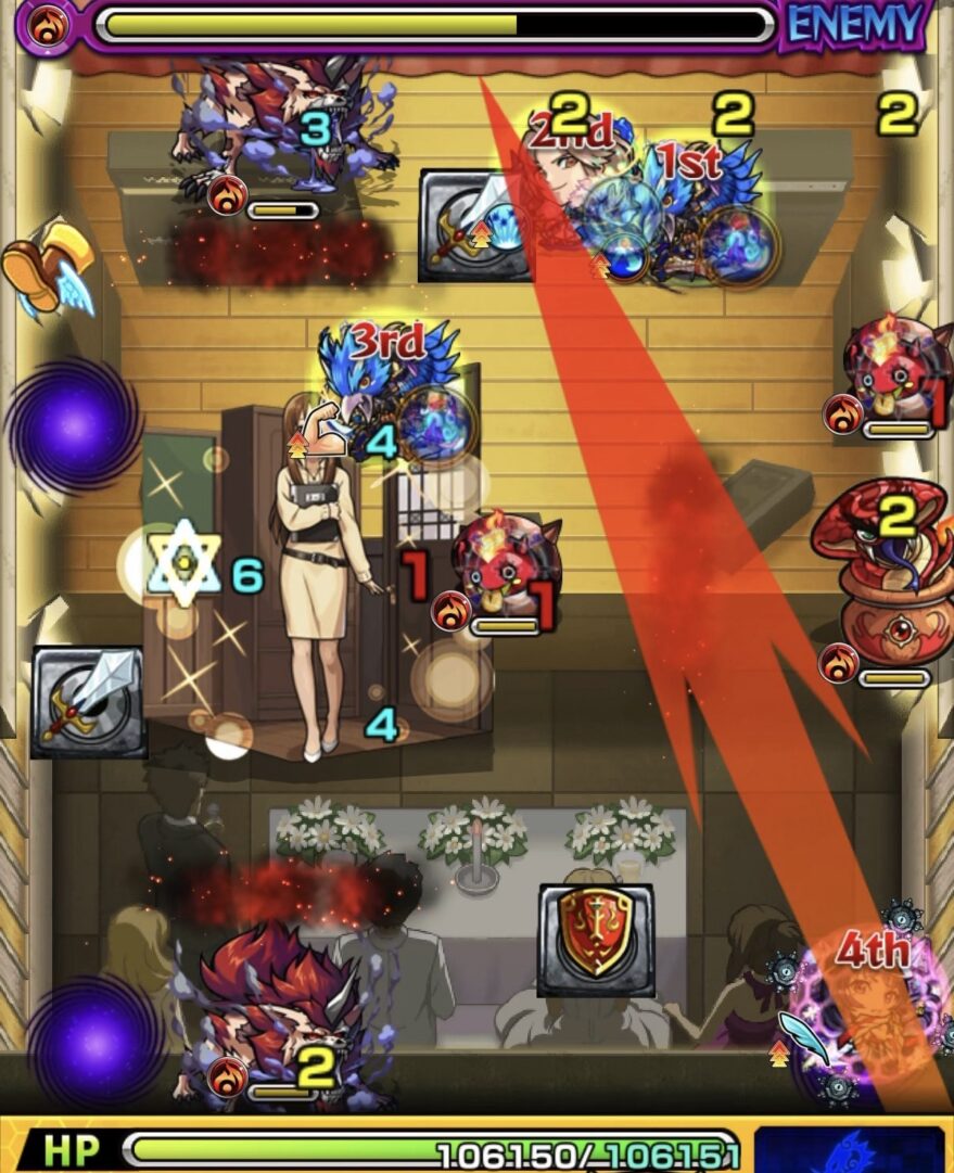 ステージ2の2手目でワープに影響されながらも剣と盾を回収しつつかちリンを1体処理した場面