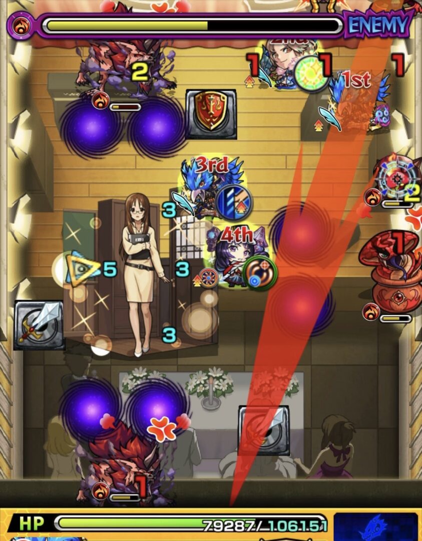 ステージ2の3手目でオオカミを優先して攻撃し直殴りと友情で雑魚と中ボスを同時処理して突破した場面