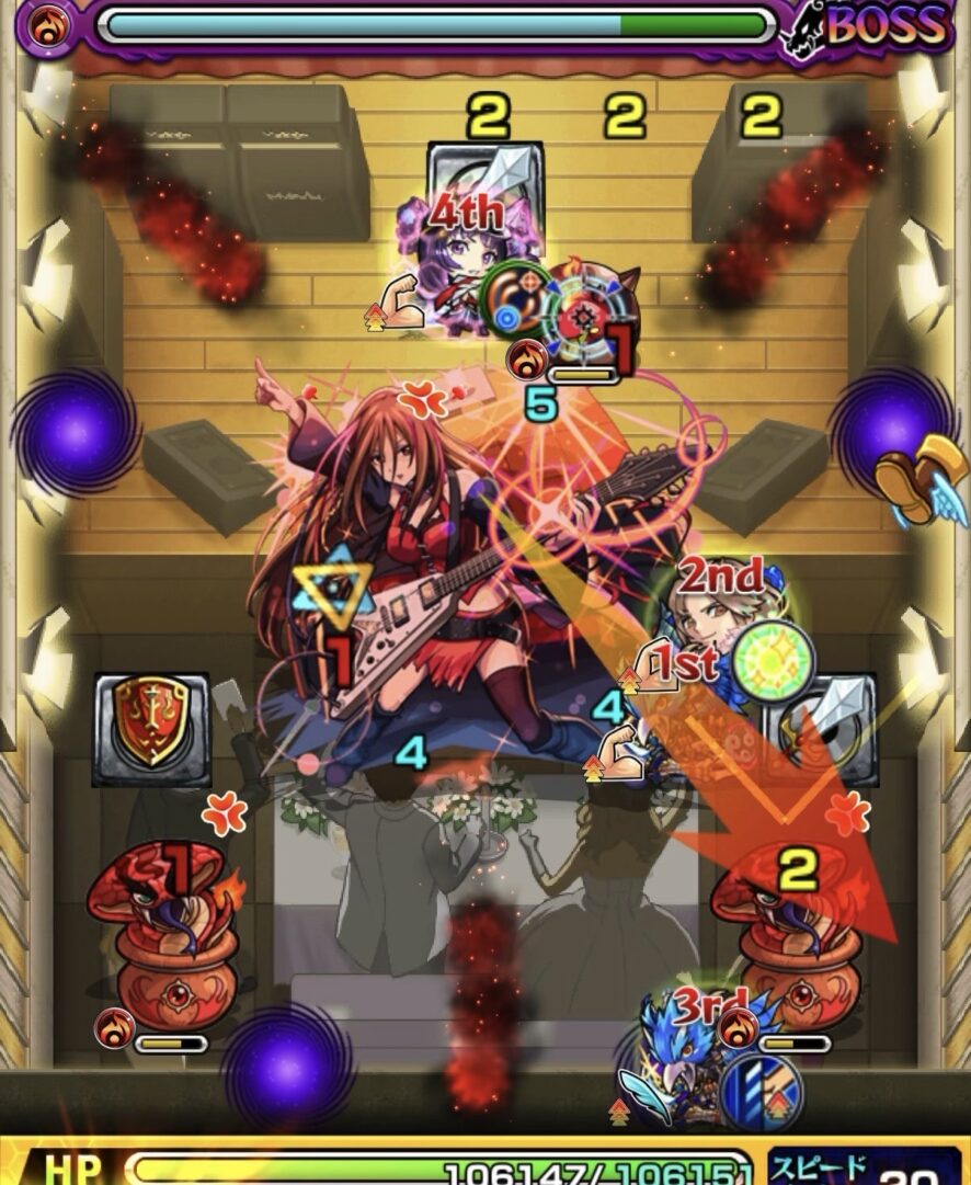 ボス1の2手目で剣を回収しボスとかちリンの間に挟まって大ダメージを与えた場面