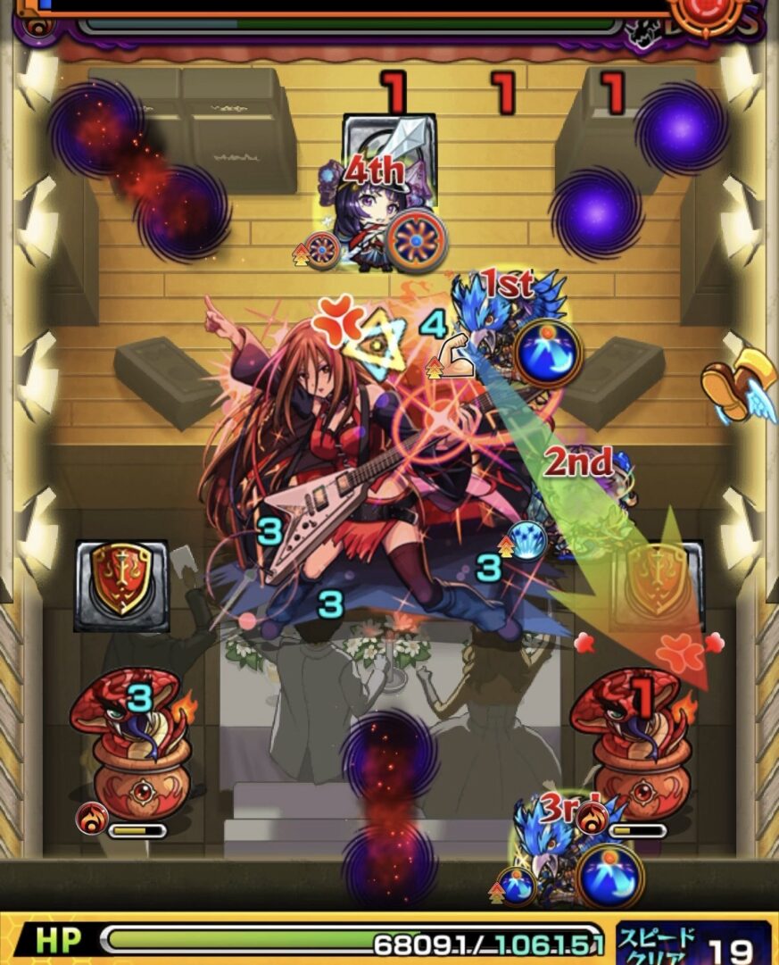 ボス1の3手目で盾を回収しコブラで反射して剣を取りボスに攻撃して撃破した場面