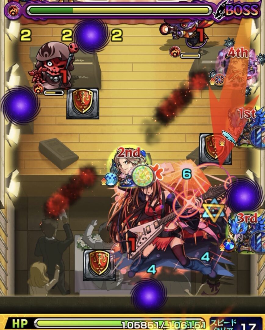 ボス2の2手目で盾を回収してダメージスモッグを処理しつつガンマンを倒してボスにダメージを与えた場面