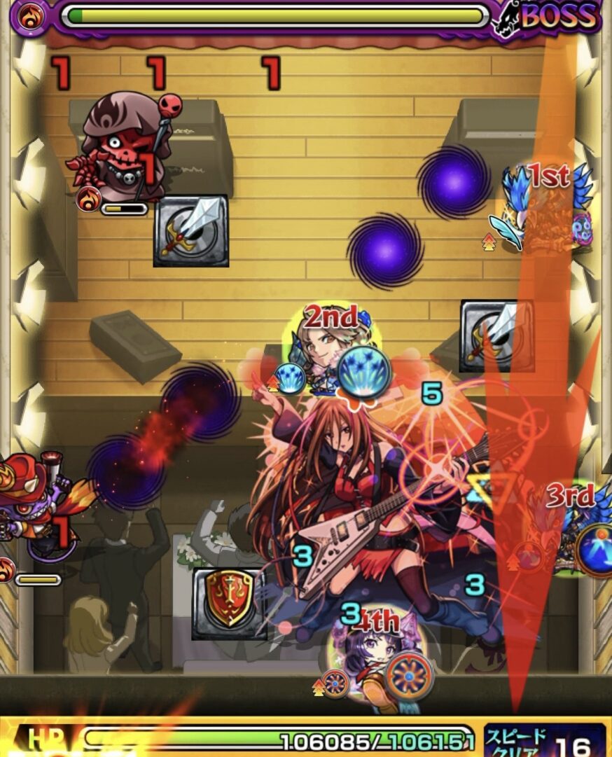 ボス2の3手目で縦に薄く弾いてダメージスモッグを避けつつボスを撃破した場面