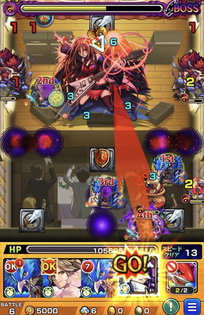 ボス3の3手目でリンネのSSを使いボスに集中攻撃して大ダメージを与えた場面