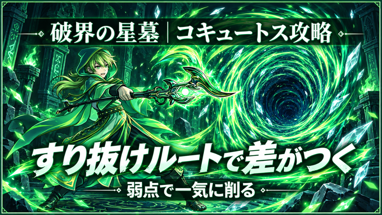 モンスト破界の星墓「コキュートスの星墓」攻略のアイキャッチ画像。すり抜けルートで差がつき、弱点を一気に削る立ち回りを表現している。