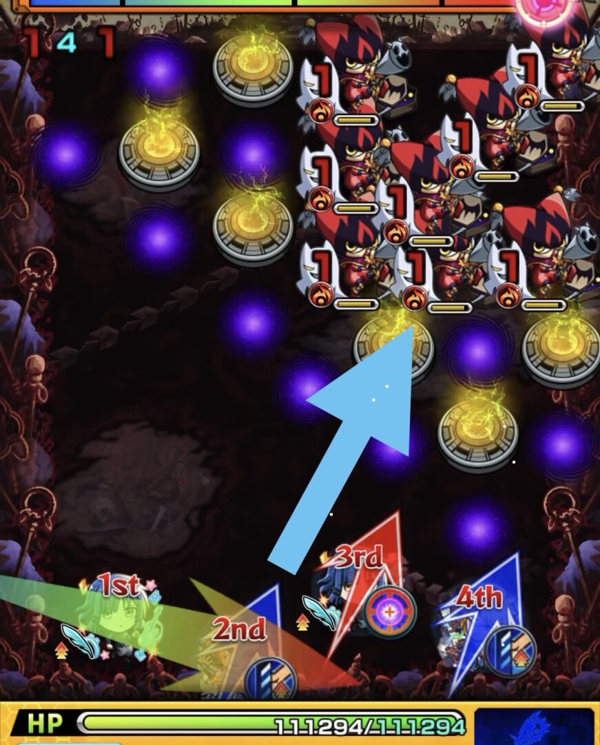 ステージ1で反射キャラから貫通キャラを動かし、斜め配置のピエロを同時処理して突破した場面