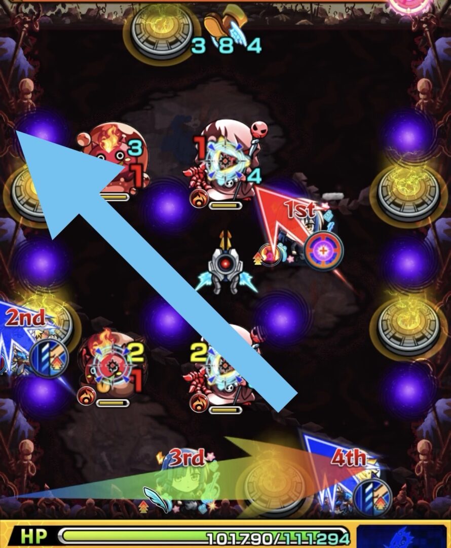 ステージ2で反射キャラから貫通キャラを動かし、ゾンビのバリアを破壊しつつ下の敵を同時処理した場面