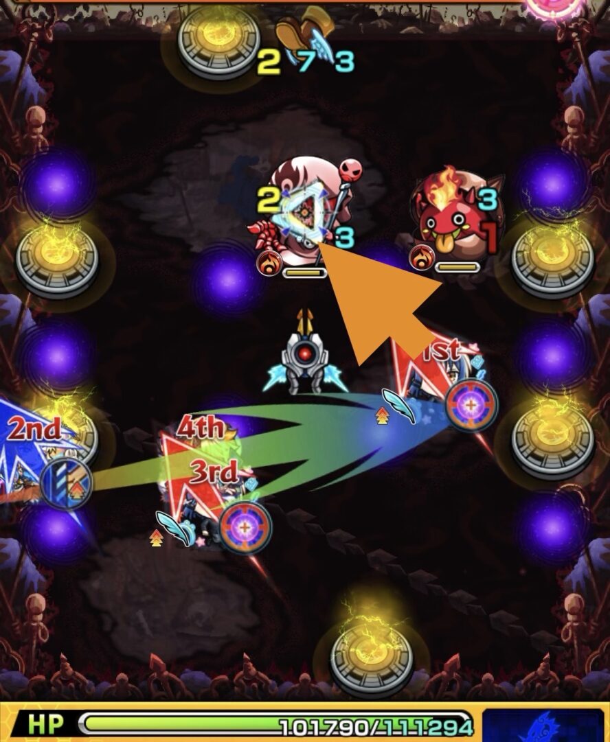 ステージ2で貫通キャラから反射キャラを動かしてバリア破壊を狙うも挟まれず、かちリンのみ処理した場面