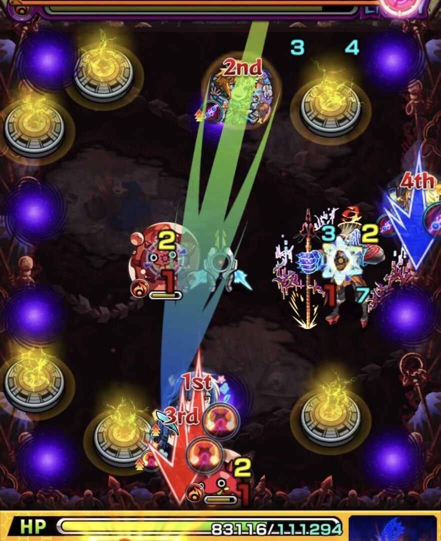 ステージ4で貫通キャラから反射キャラを動かし、ぷよリンとかちリンを同時に処理した場面