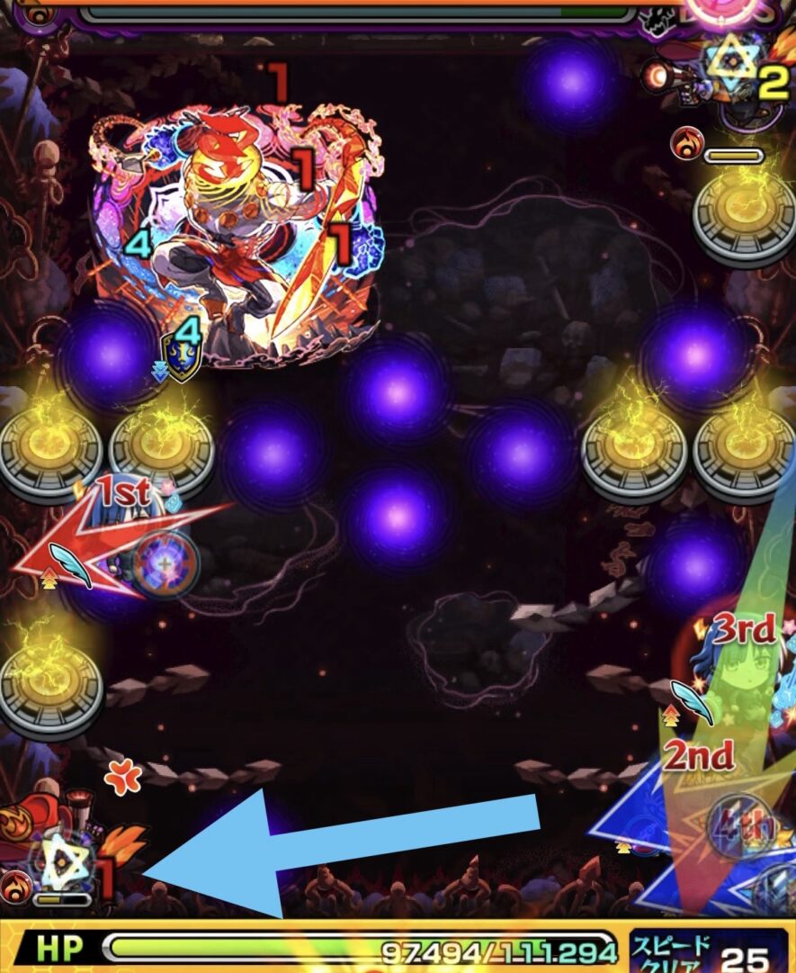 ボス1で反射キャラでボスのバリアを破壊しつつ貫通キャラでガンマン2体を処理したがボスにダメージが伸びなかった場面